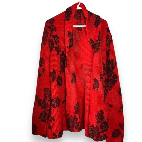 Lucky Brand Mohair Wool Cardigan Sweater Womens XL Red Black Roses Open Front - Picture 1 of 6